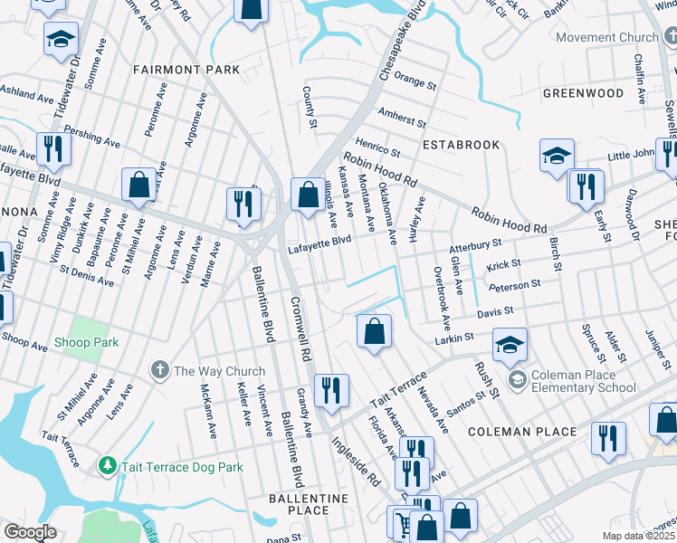 map of restaurants, bars, coffee shops, grocery stores, and more near 3005 Illinois Avenue in Norfolk