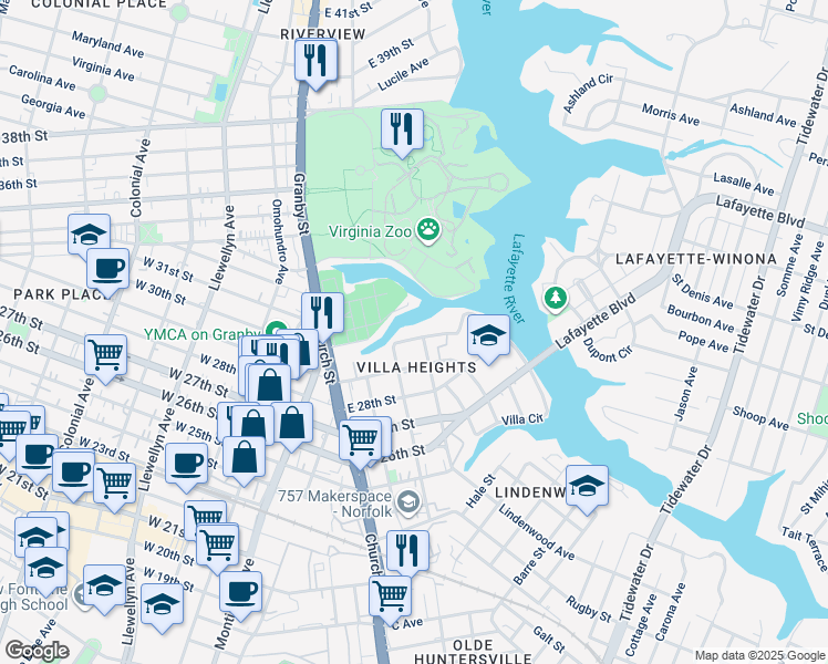 map of restaurants, bars, coffee shops, grocery stores, and more near 816 East 30th Street in Norfolk