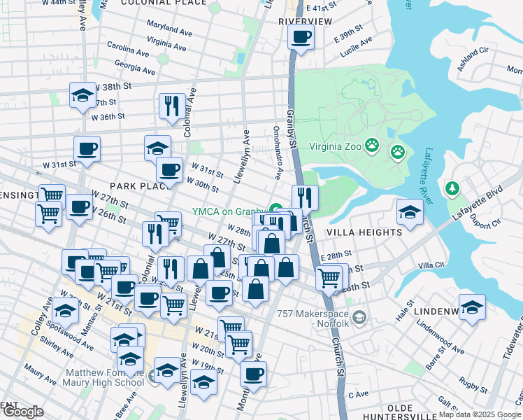 map of restaurants, bars, coffee shops, grocery stores, and more near 208 West 30th Street in Norfolk