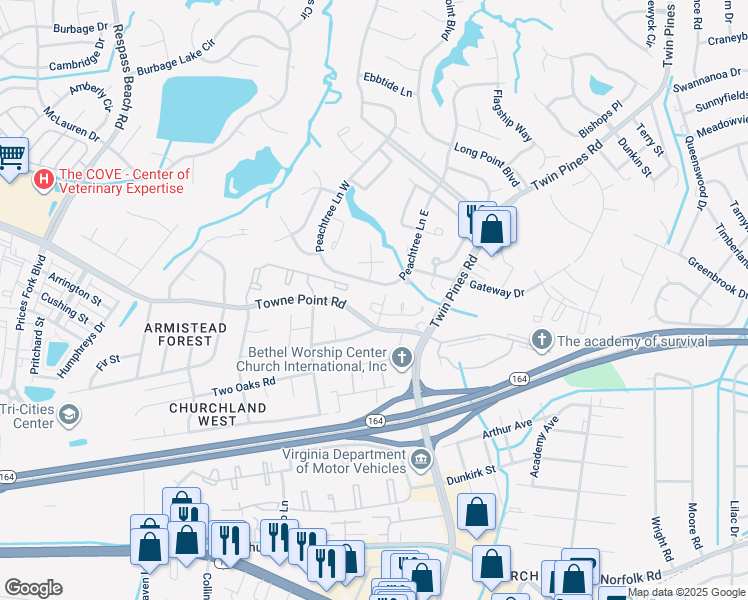 map of restaurants, bars, coffee shops, grocery stores, and more near 3716A Towne Point Road in Portsmouth
