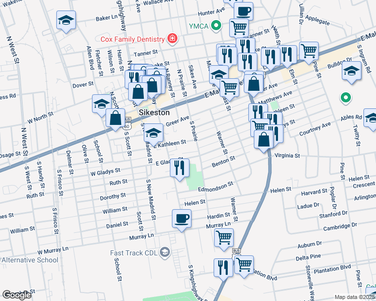 map of restaurants, bars, coffee shops, grocery stores, and more near 241 East Kathleen Street in Sikeston