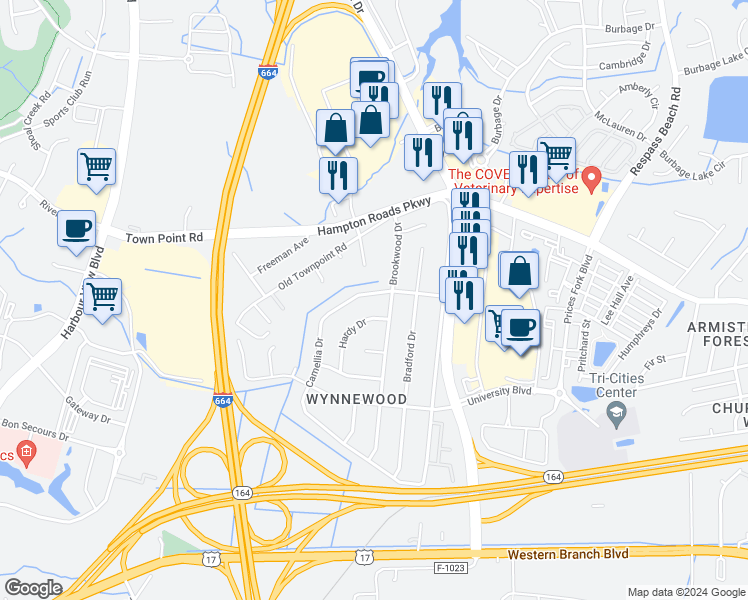 map of restaurants, bars, coffee shops, grocery stores, and more near 6076 Camellia Drive in Suffolk