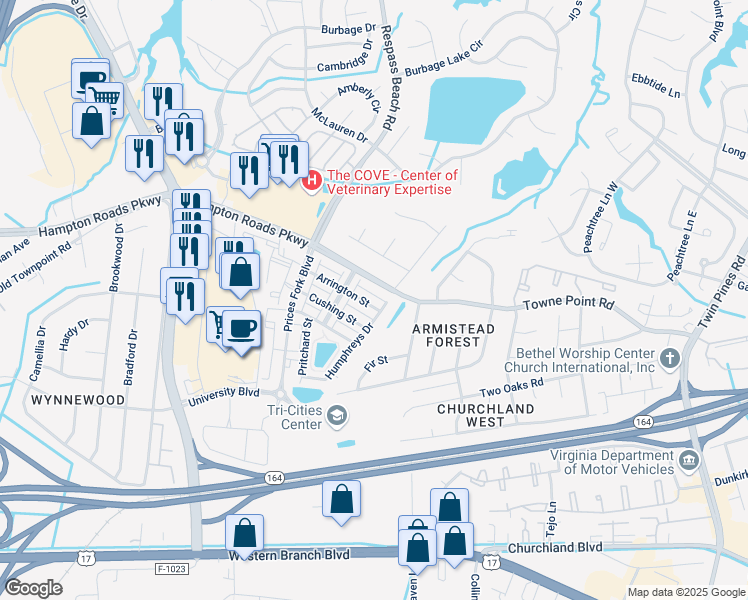 map of restaurants, bars, coffee shops, grocery stores, and more near 7243 Arrington Street in Suffolk
