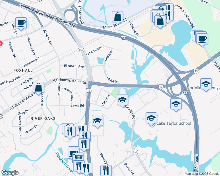 map of restaurants, bars, coffee shops, grocery stores, and more near 5739 Northampton Boulevard in Norfolk