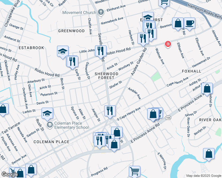 map of restaurants, bars, coffee shops, grocery stores, and more near 4813 Shafer Street in Norfolk