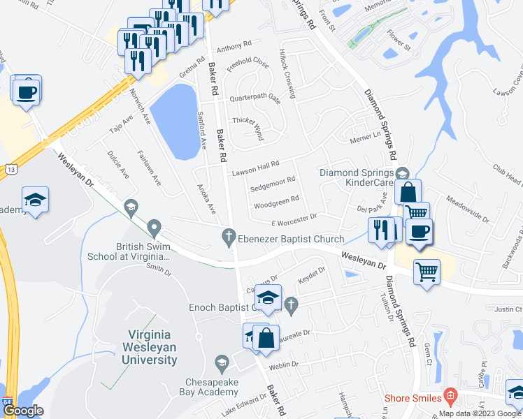 map of restaurants, bars, coffee shops, grocery stores, and more near 5633 Woodgreen Road in Virginia Beach