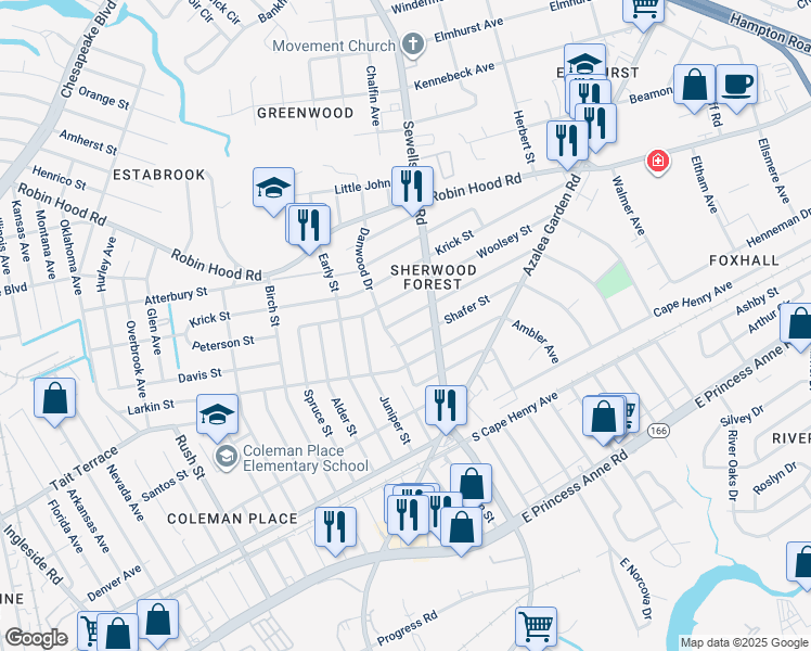 map of restaurants, bars, coffee shops, grocery stores, and more near 4715 Bruce Street in Norfolk