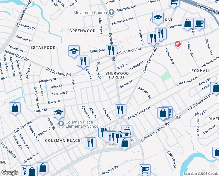 map of restaurants, bars, coffee shops, grocery stores, and more near 4715 Bruce Street in Norfolk