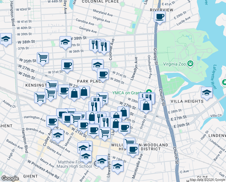 map of restaurants, bars, coffee shops, grocery stores, and more near 423 West 29th Street in Norfolk