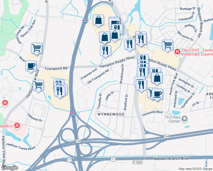 map of restaurants, bars, coffee shops, grocery stores, and more near 6061 Camellia Drive in Suffolk