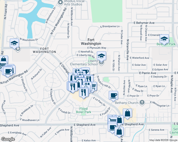 map of restaurants, bars, coffee shops, grocery stores, and more near 1164 East Perrin Avenue in Fresno