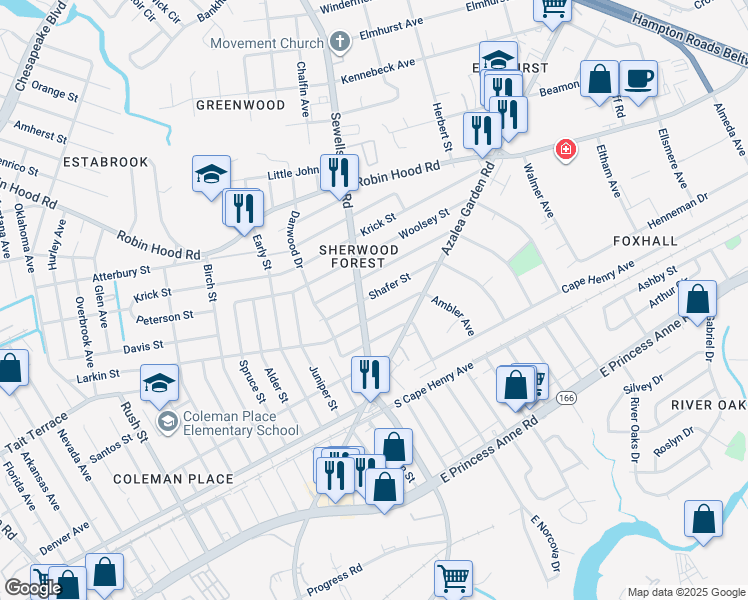 map of restaurants, bars, coffee shops, grocery stores, and more near 4813 Shafer Street in Norfolk