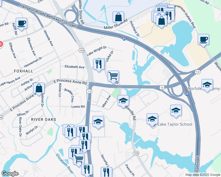 map of restaurants, bars, coffee shops, grocery stores, and more near 5739 Northampton Boulevard in Norfolk