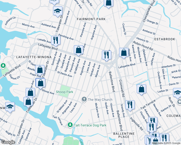 map of restaurants, bars, coffee shops, grocery stores, and more near 3101 Verdun Avenue in Norfolk