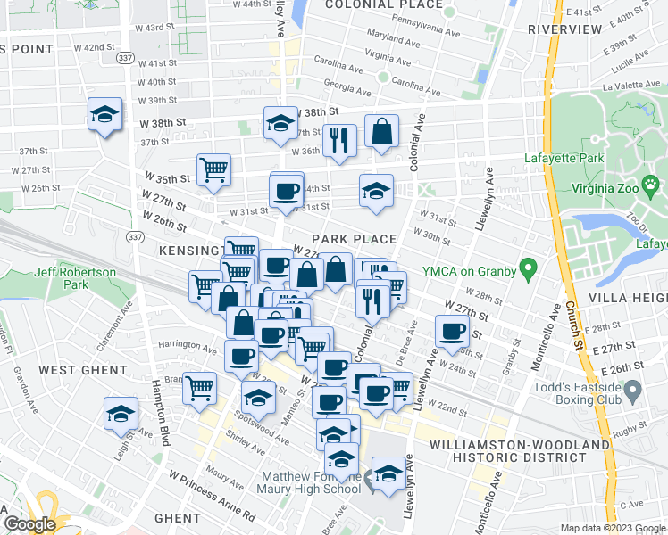 map of restaurants, bars, coffee shops, grocery stores, and more near 2612 Munson Place in Norfolk