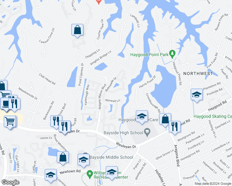 map of restaurants, bars, coffee shops, grocery stores, and more near 1120 Belmeade Drive in Virginia Beach