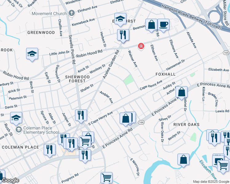 map of restaurants, bars, coffee shops, grocery stores, and more near 2434 Shafer Street in Norfolk