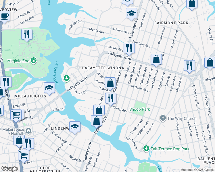 map of restaurants, bars, coffee shops, grocery stores, and more near 1801 Bourbon Avenue in Norfolk