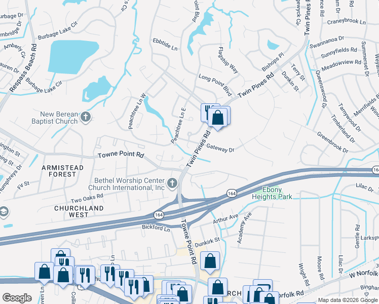 map of restaurants, bars, coffee shops, grocery stores, and more near 3714 Sugar Creek Circle in Portsmouth