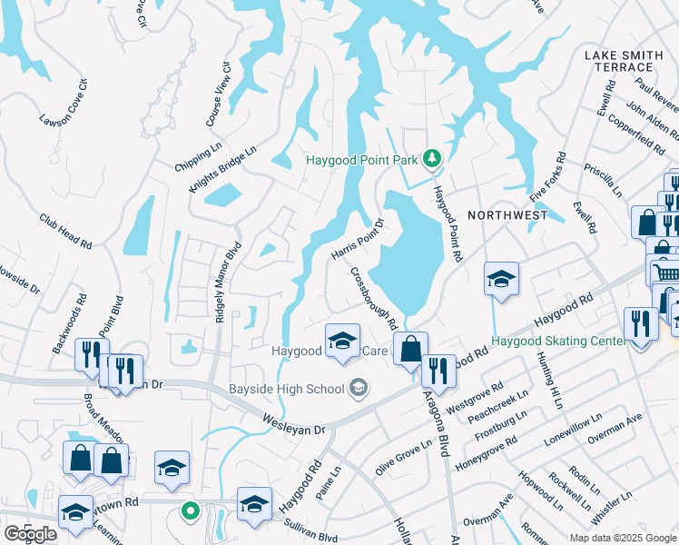 map of restaurants, bars, coffee shops, grocery stores, and more near 725 Harris Point Drive in Virginia Beach