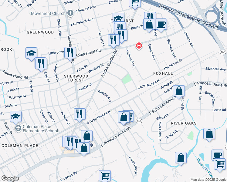 map of restaurants, bars, coffee shops, grocery stores, and more near 2434 Shafer Street in Norfolk