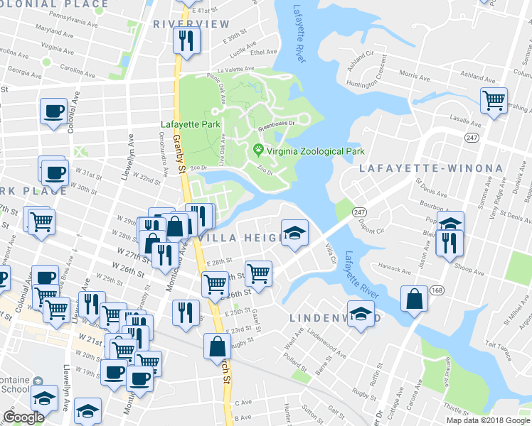 map of restaurants, bars, coffee shops, grocery stores, and more near 920 Druid Circle in Norfolk