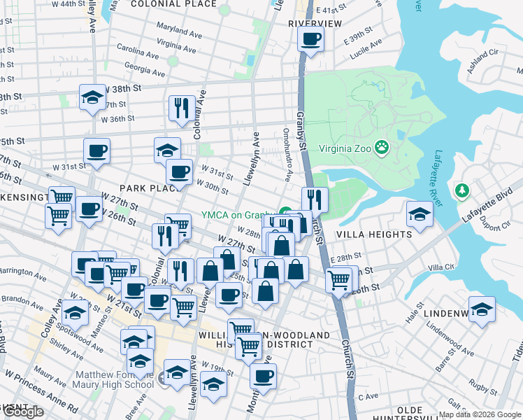 map of restaurants, bars, coffee shops, grocery stores, and more near 208 West 30th Street in Norfolk