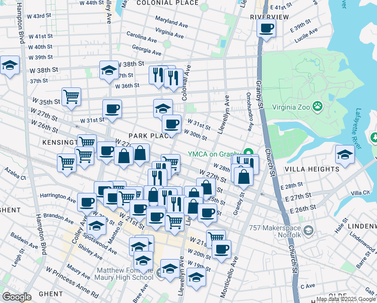 map of restaurants, bars, coffee shops, grocery stores, and more near 423 West 29th Street in Norfolk