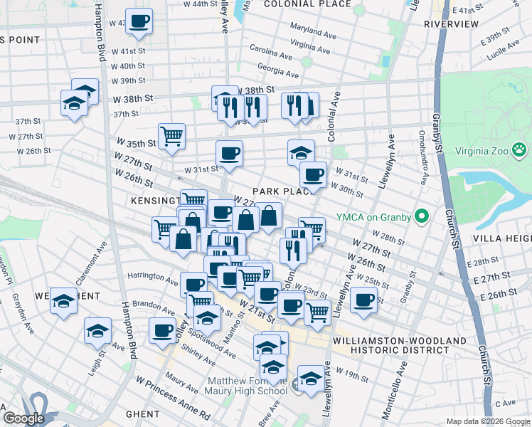 map of restaurants, bars, coffee shops, grocery stores, and more near 634 West 27th Street in Norfolk