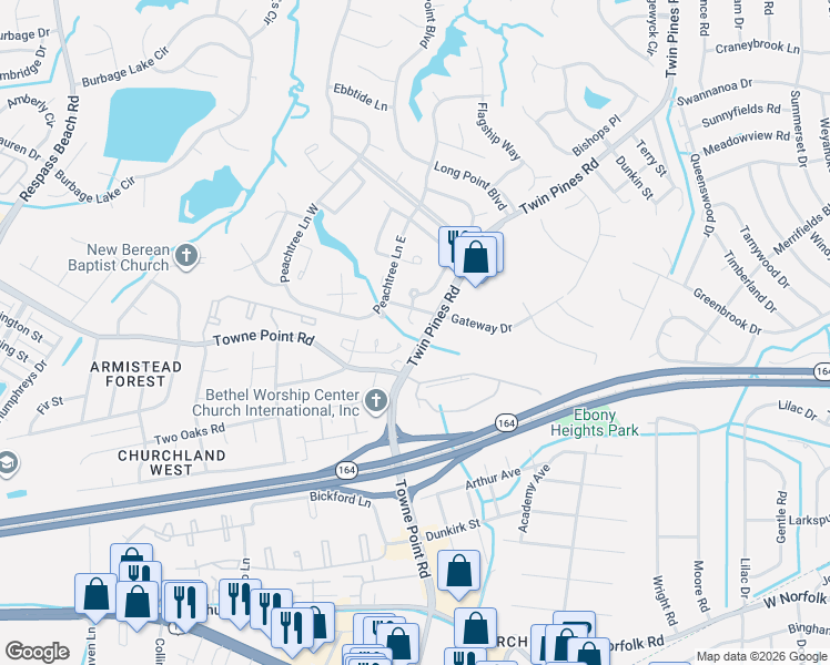 map of restaurants, bars, coffee shops, grocery stores, and more near 3714 Sugar Creek Circle in Portsmouth