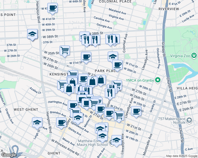 map of restaurants, bars, coffee shops, grocery stores, and more near 2614 Munson Place in Norfolk