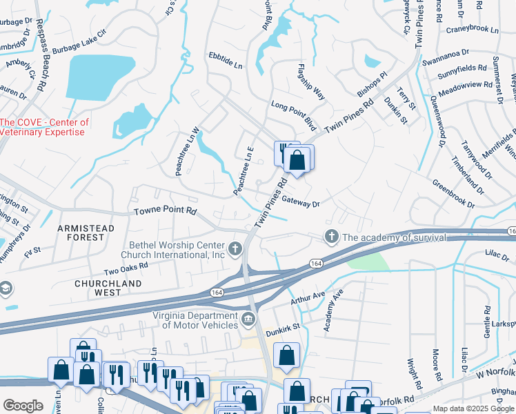 map of restaurants, bars, coffee shops, grocery stores, and more near 3729 Sugar Creek Circle in Portsmouth