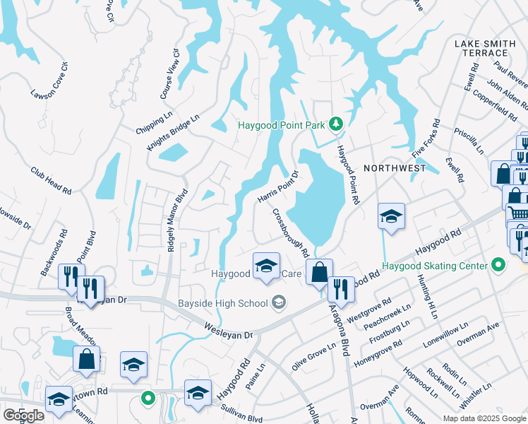 map of restaurants, bars, coffee shops, grocery stores, and more near 725 Harris Point Drive in Virginia Beach