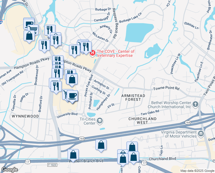 map of restaurants, bars, coffee shops, grocery stores, and more near 7239 Arrington Street in Suffolk