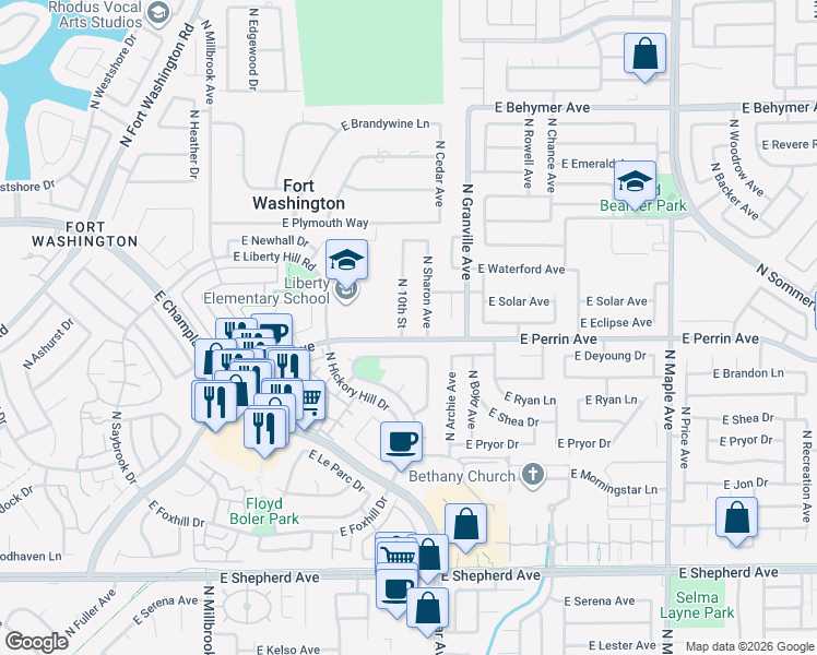 map of restaurants, bars, coffee shops, grocery stores, and more near 9508 North 10th Street in Fresno