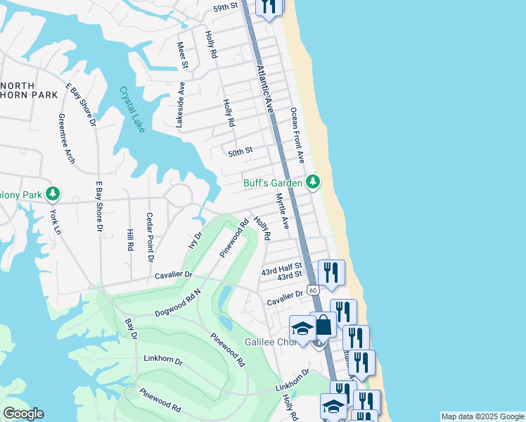 map of restaurants, bars, coffee shops, grocery stores, and more near 241 Bay Colony Drive in Virginia Beach