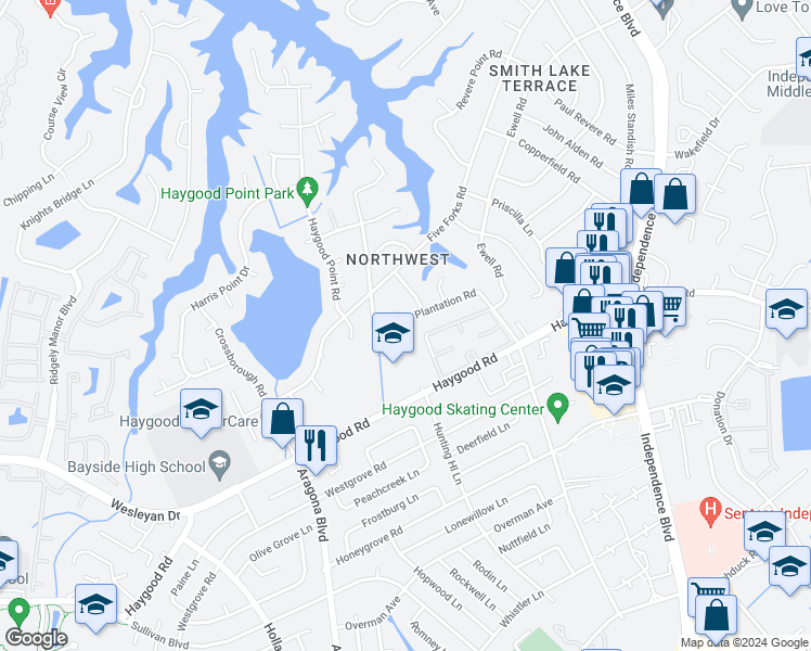 map of restaurants, bars, coffee shops, grocery stores, and more near 913 West Ferry Plantation Road in Virginia Beach