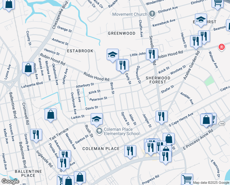 map of restaurants, bars, coffee shops, grocery stores, and more near 2740 Birch Street in Norfolk