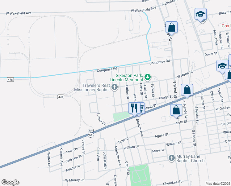 map of restaurants, bars, coffee shops, grocery stores, and more near 224 Alabama Street in Sikeston