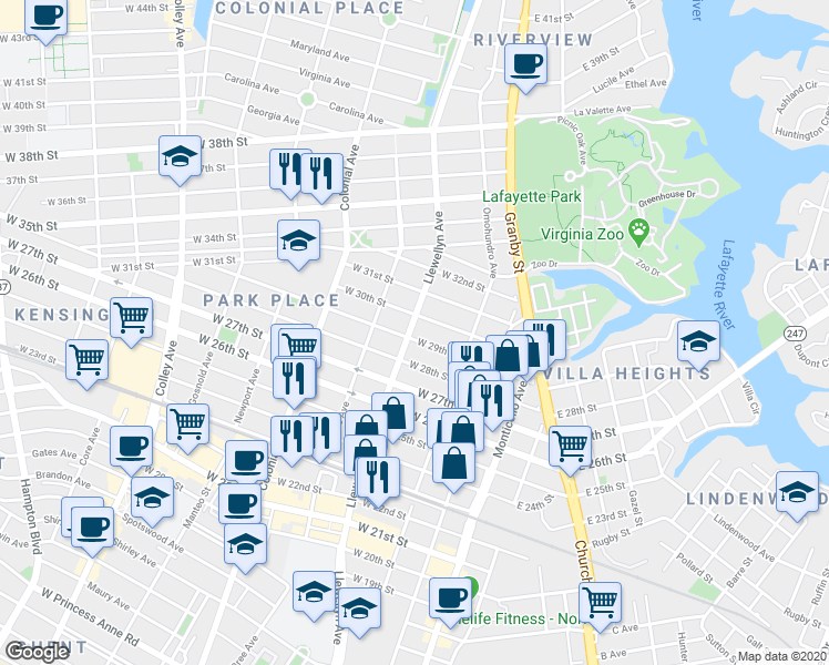 map of restaurants, bars, coffee shops, grocery stores, and more near 246 West 29th Street in Norfolk