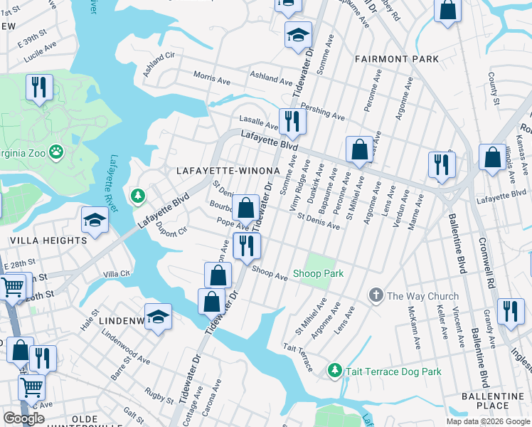 map of restaurants, bars, coffee shops, grocery stores, and more near 1905 Saint Denis Avenue in Norfolk
