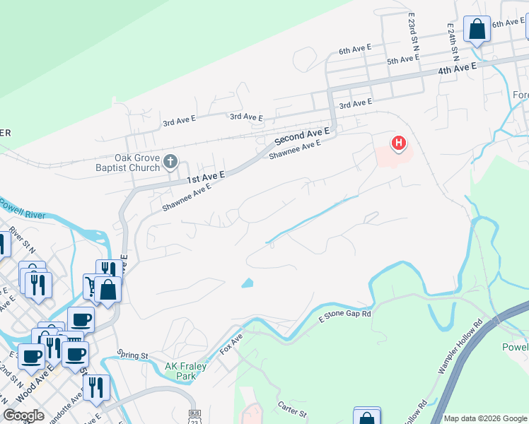 map of restaurants, bars, coffee shops, grocery stores, and more near 1421 Mountain View Avenue East in Big Stone Gap