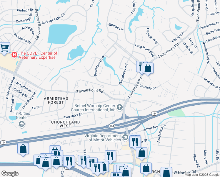 map of restaurants, bars, coffee shops, grocery stores, and more near 3766 Towne Point Road in Portsmouth