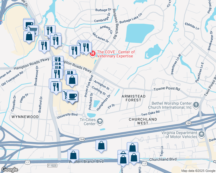 map of restaurants, bars, coffee shops, grocery stores, and more near 7239 Arrington Street in Suffolk