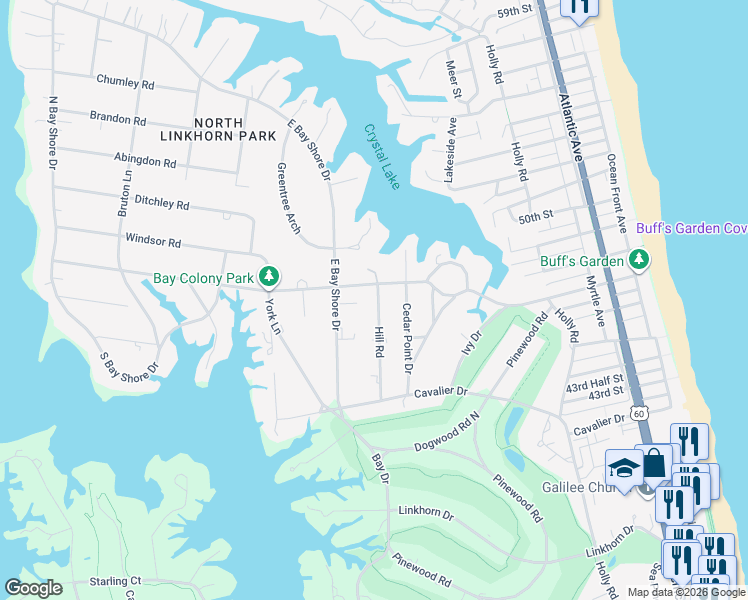 map of restaurants, bars, coffee shops, grocery stores, and more near 709 Bay Colony Drive in Virginia Beach