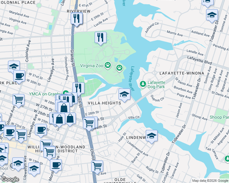 map of restaurants, bars, coffee shops, grocery stores, and more near 920 Druid Circle in Norfolk