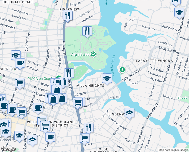 map of restaurants, bars, coffee shops, grocery stores, and more near 920 Druid Circle in Norfolk