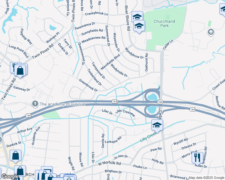 map of restaurants, bars, coffee shops, grocery stores, and more near 5217 Greenbrook Drive in Portsmouth