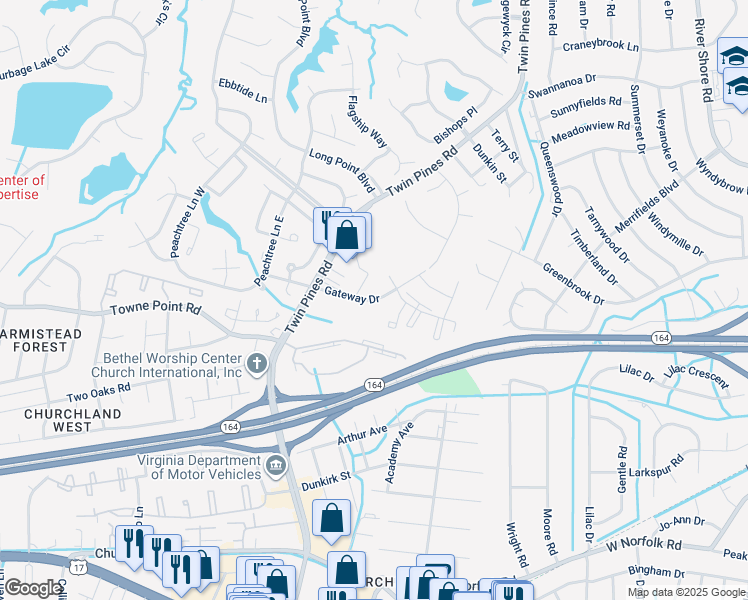 map of restaurants, bars, coffee shops, grocery stores, and more near 3635 Gateway Drive in Portsmouth
