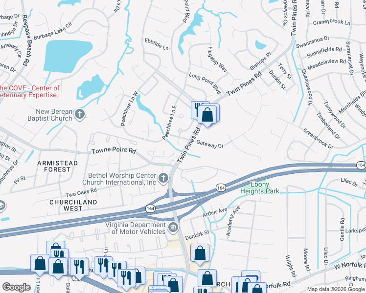 map of restaurants, bars, coffee shops, grocery stores, and more near 3714 Sugar Creek Circle in Portsmouth